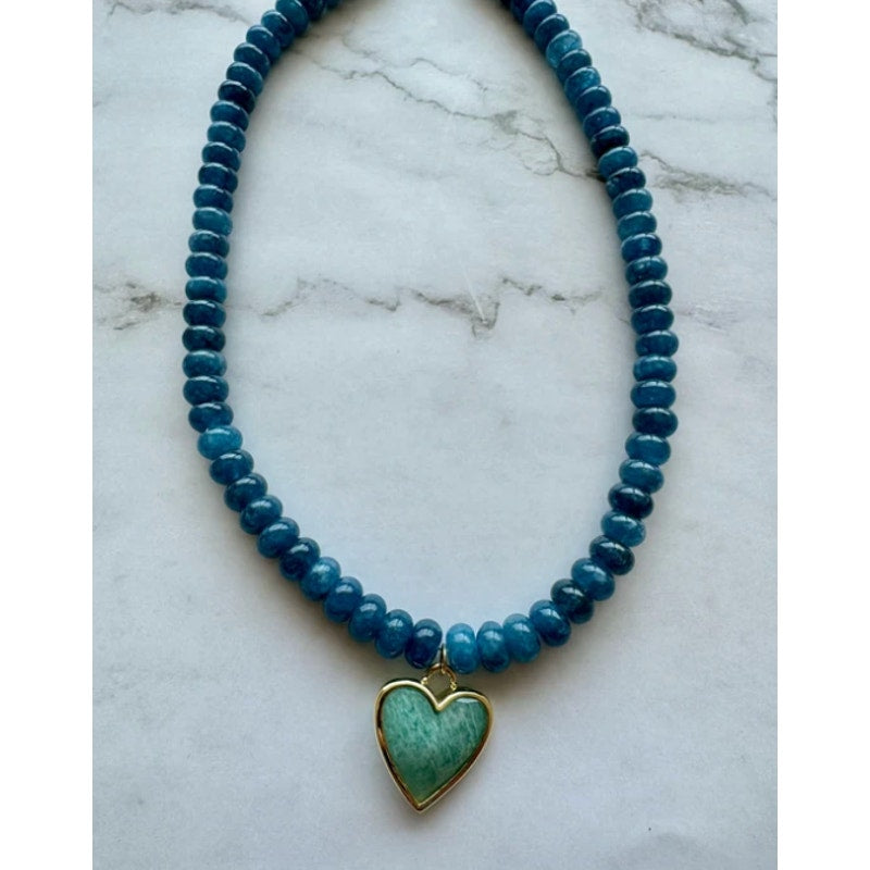 Jessica Matrasko Caia Dk. Blue Jade Beads Heart Pendant Necklace Blue Turquoise