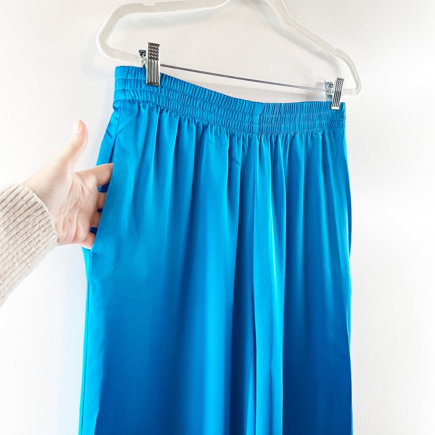 Show Me Your Mumu High Rise Wide Leg Satin Irwin Pants Blue Large