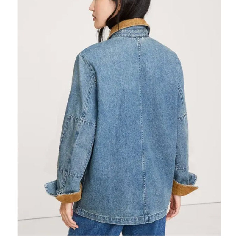 Banana Republic Denim Chore Coat Barn Jacket Corduroy Collar Blue Brown XS