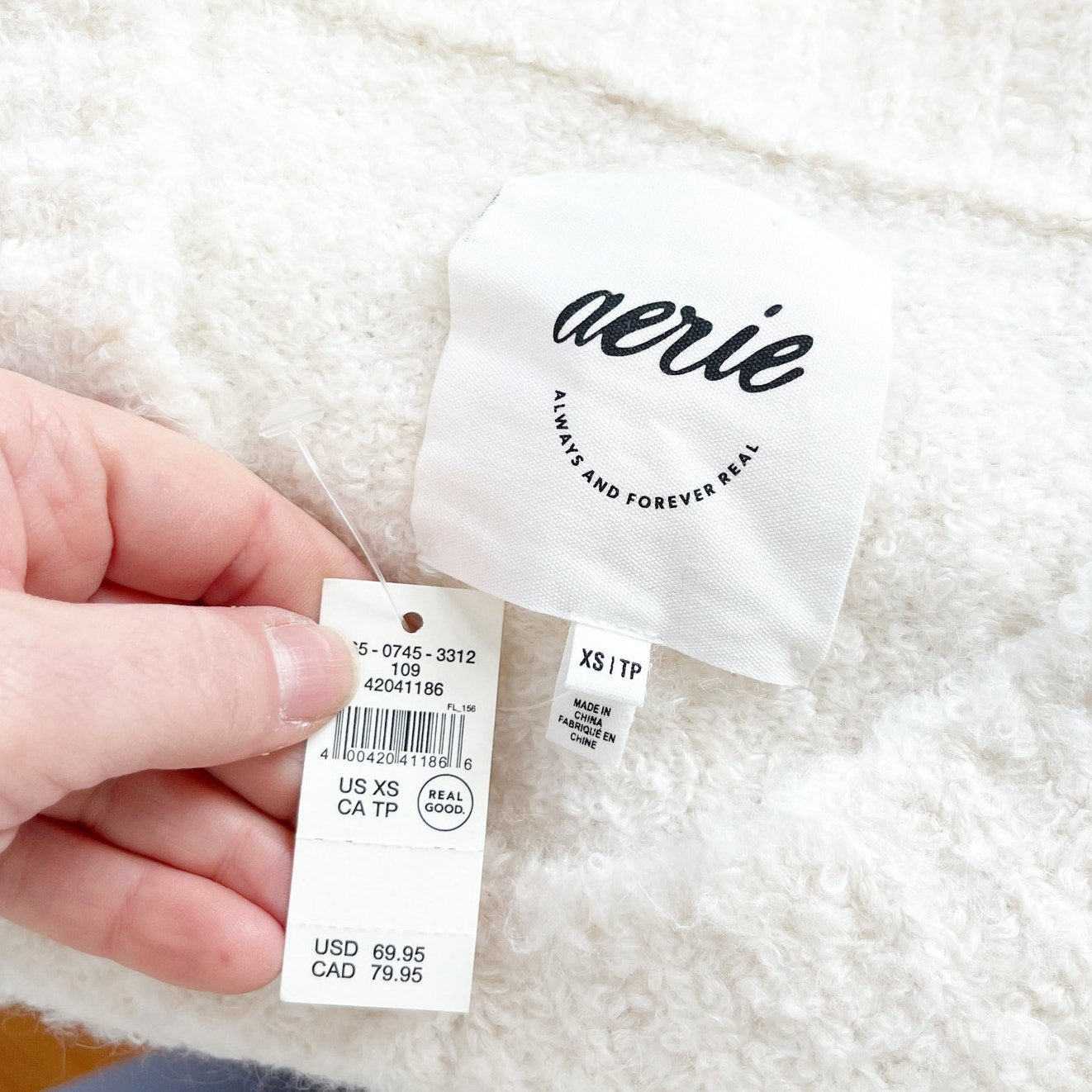 Aerie Teddy Boucle V Neck Oversized Sweater Cream Ivory White XS