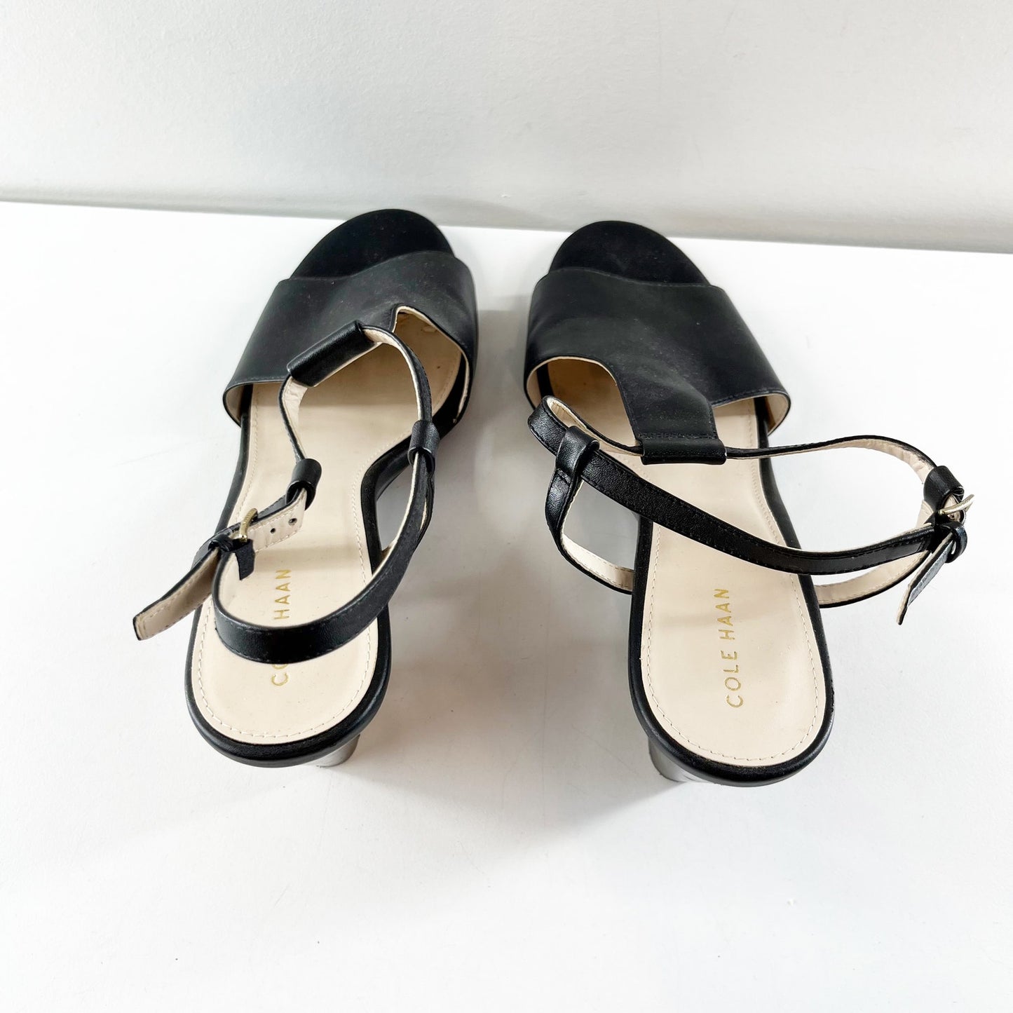 Cole Haan Maddie Open Toe Wedge Leather Shoes Sandals Black 9.5