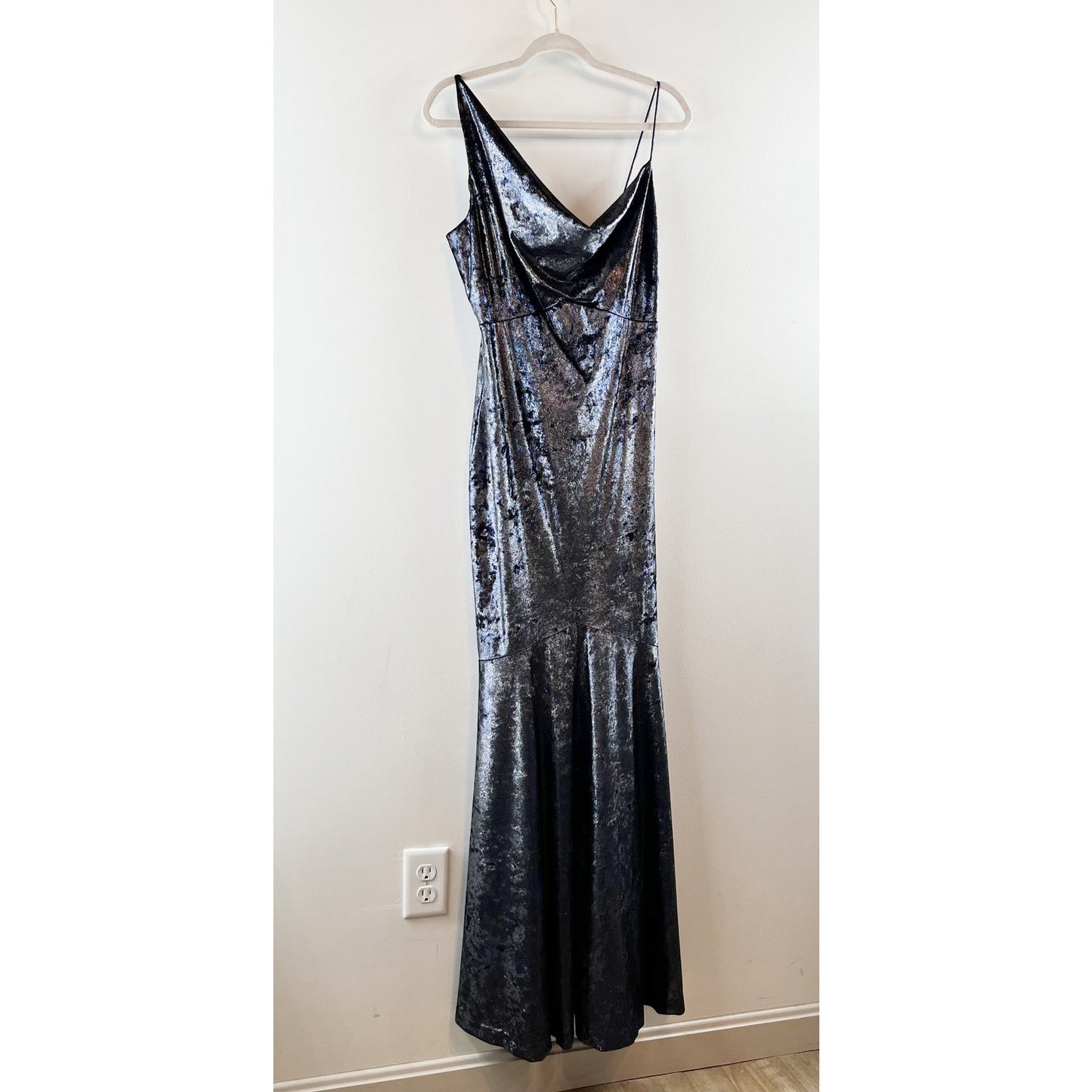 Nicole Miller Metallic Asymmetric Cowl Neck Maxi Mermaid Dress Silver Blue 10