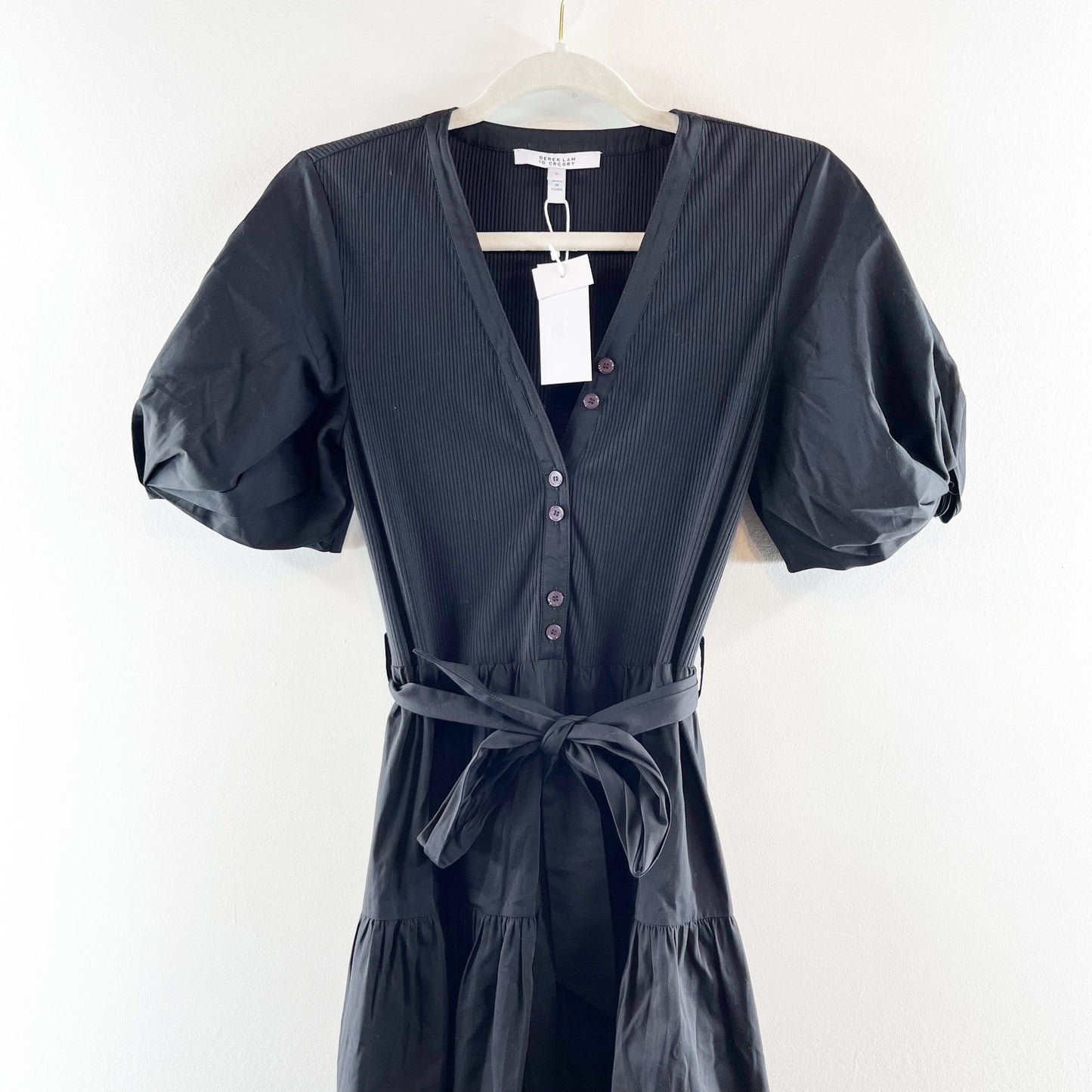 Derek Lam 10 Crosby Natalia Short Puff Sleeve Poplin Midi Dress Black Small