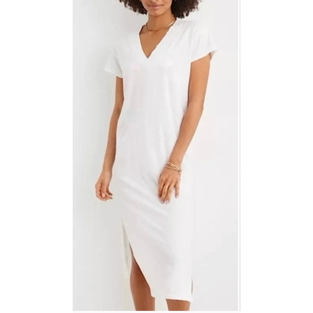 Aerie V Neck Cotton Short Sleeve Midi Maxi Tee Shirt Dress White Medium
