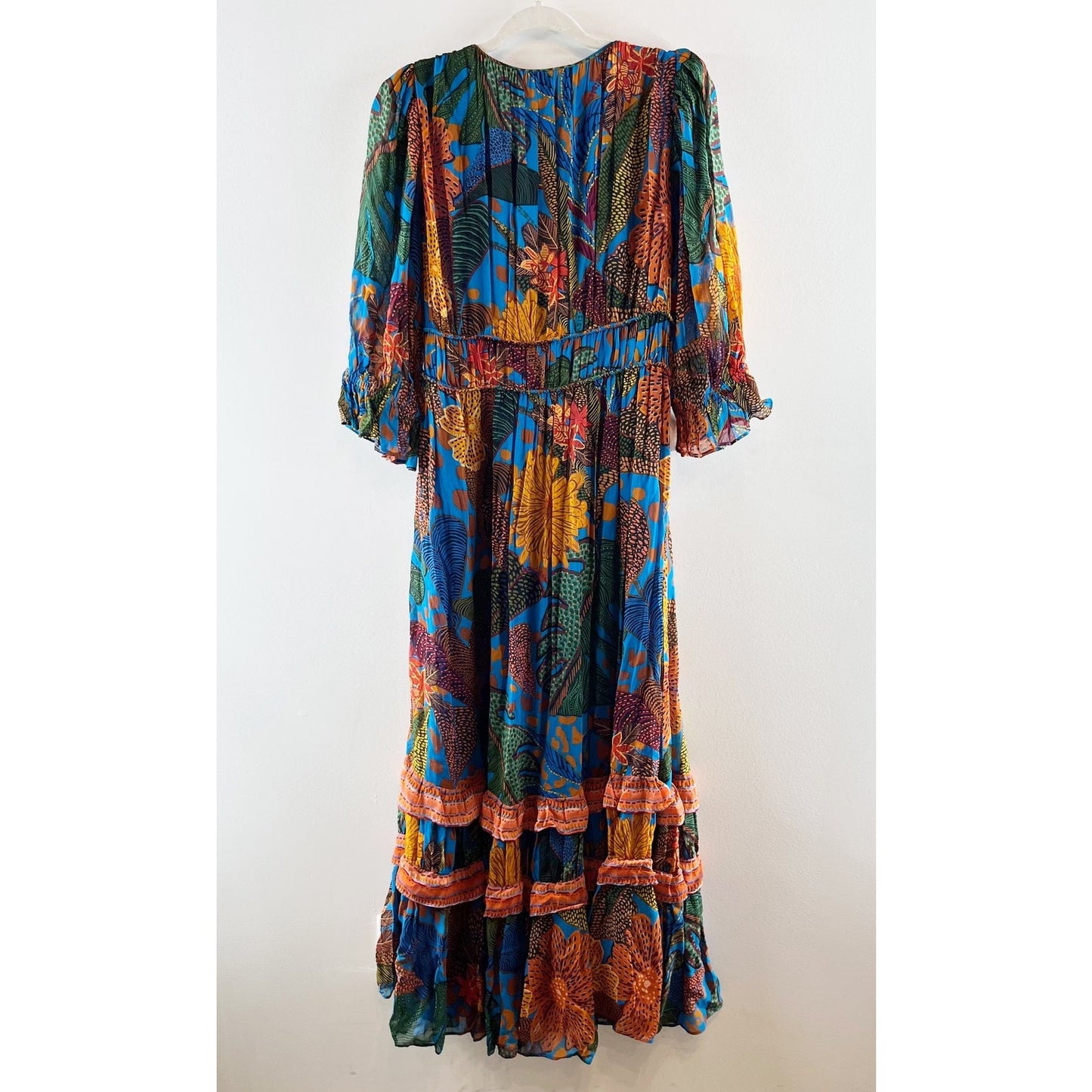 Farm Rio Anthropologie Puff-Sleeve Smocked Tiered Maxi Dress Blue Small