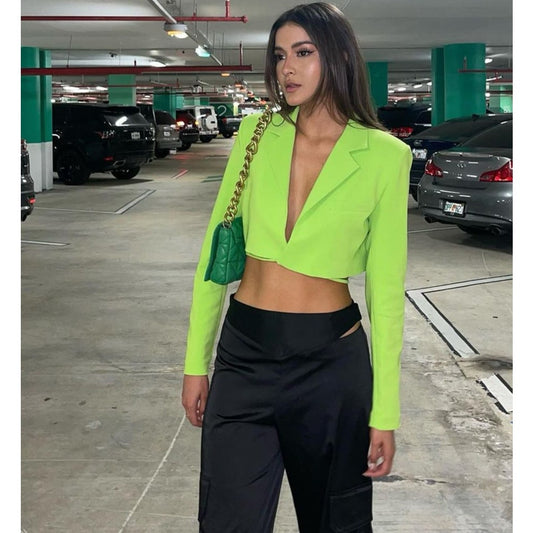 Zara Long Sleeve Notch Lapel Lined Open Front Cropped Blazer Neon Green Medium