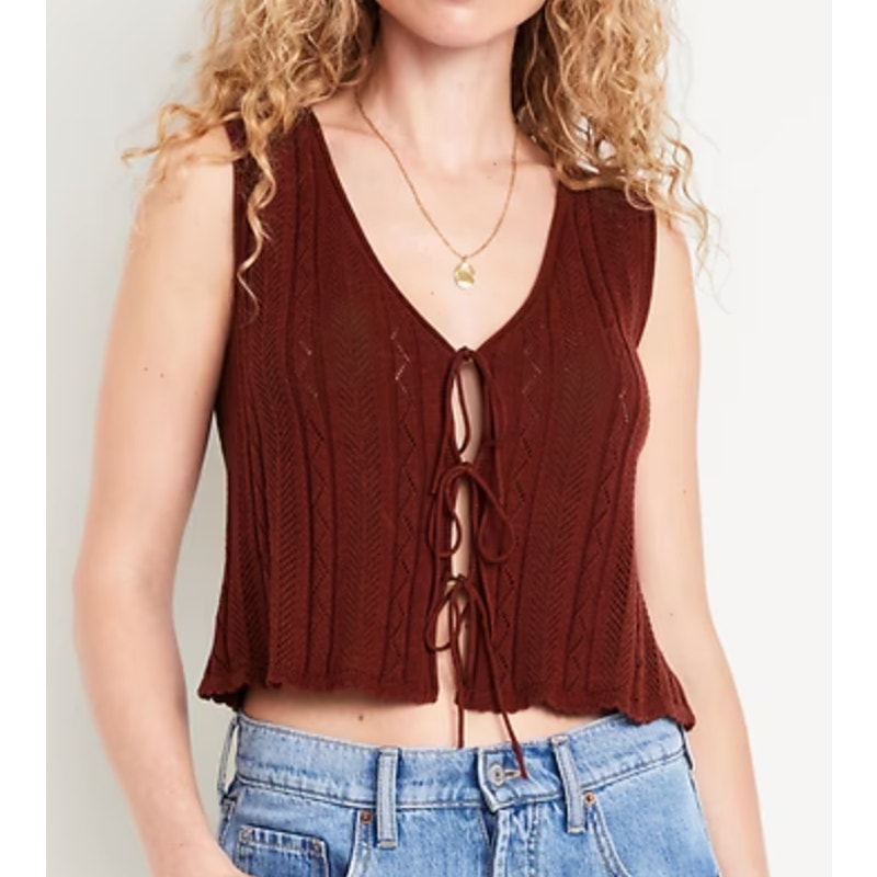 Old Navy Sleeveless Crochet Pointelle Knit Tie Front Top Maroon Large