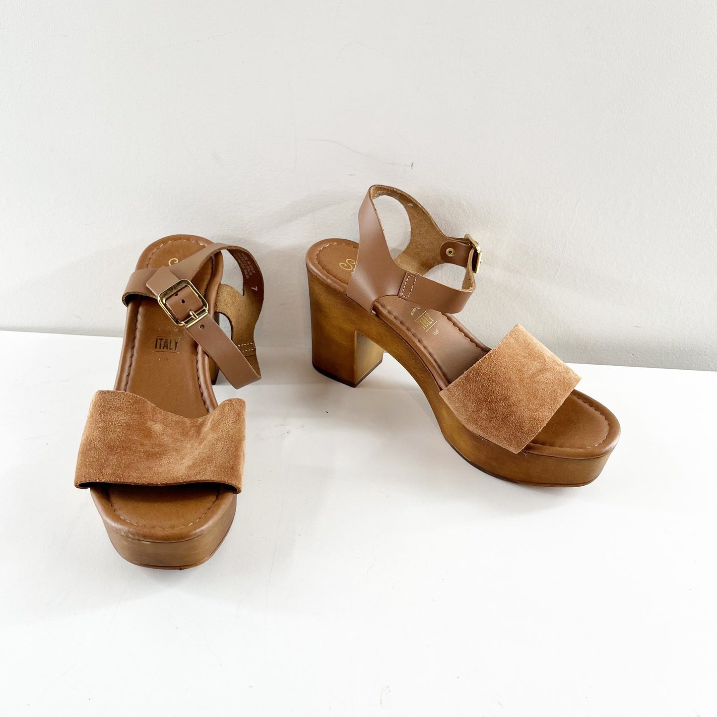 Seychelles Jump For Joy Wood Heel Leather Sandals Shoes Cognac Brown 7