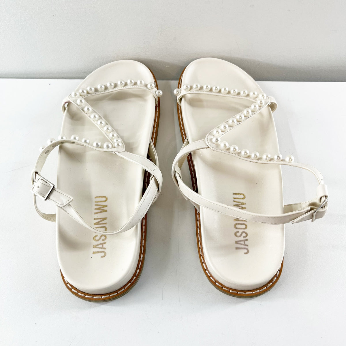 Jason Wu Pearl-Embellished Leather Strappy Flat Slingback Sandals White 8