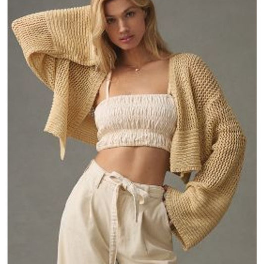 By Anthropologie Juillet Flare Sleeve Cropped Cardigan Sweater Cream One Size