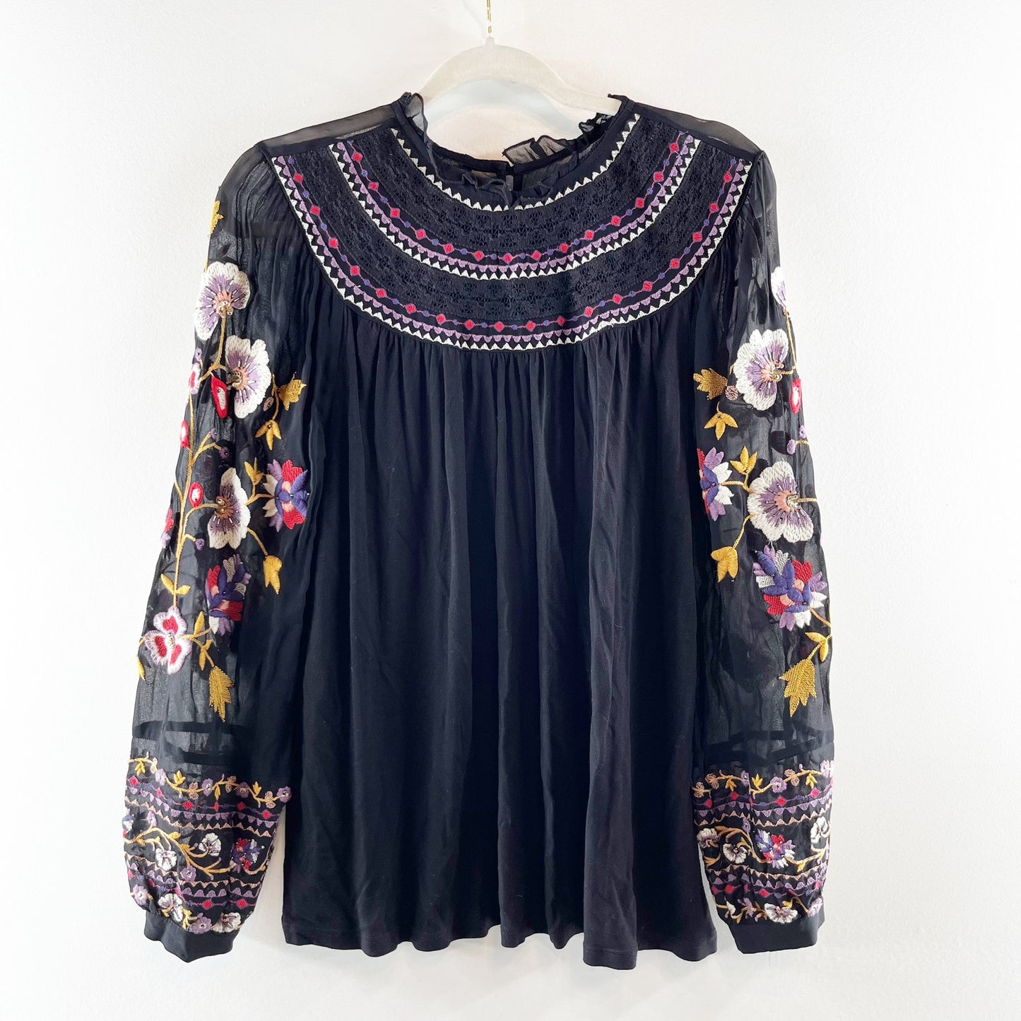 Akemi + Kin Anthropologie Louise Long Sleeve Embroidered Blouse Top Black XS
