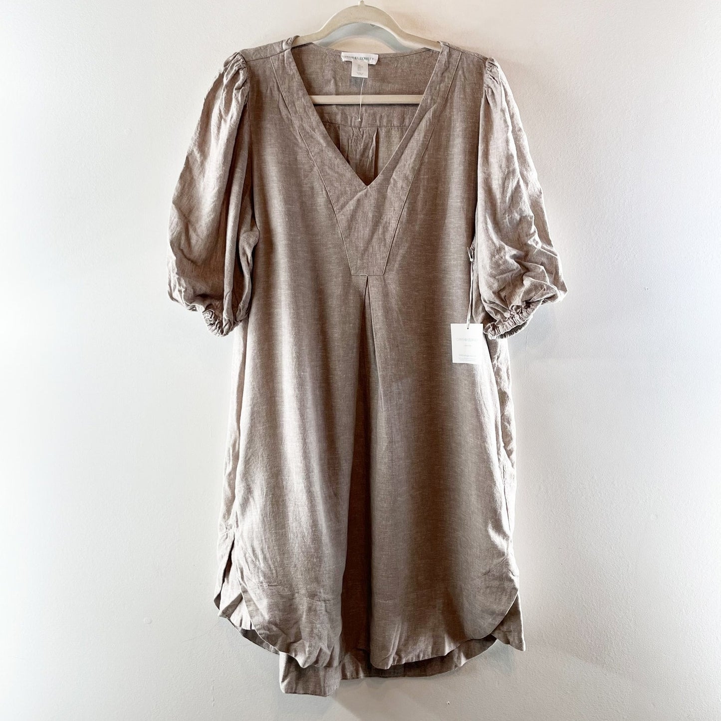 Cynthia Rowley Linen Blend Puff Sleeve V-Neck Mini Dress Taupe Tan Large