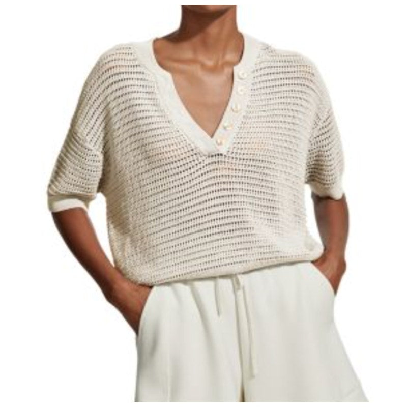 Varley Callie Knit Short Sleeve Sweater Top Cream Egret Small