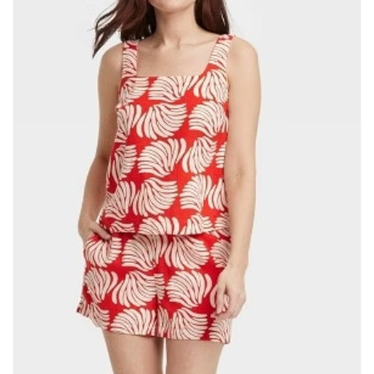 A New Day Square Neck Linen Blend Shell Tank Top and Shorts Set Red White X/XS