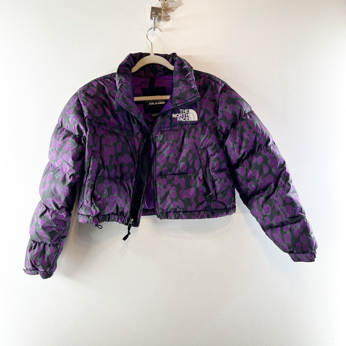 The North Face Purple Leopard Nuptse Cropped Puffer Jacket Small