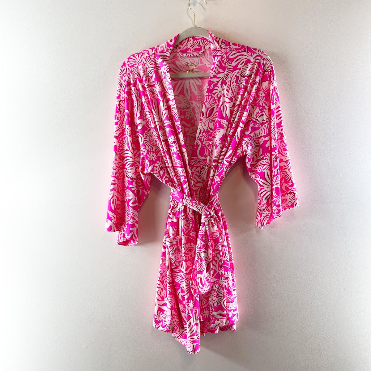 Lilly Pulitzer Dianne Knit Long Sleeve Belted Mini Robe Passion Fruit Pink L/XL