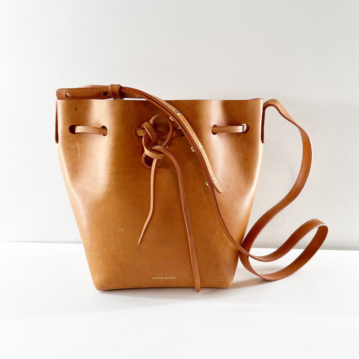 Mansur Gavriel Leather Crossbody Bucket Bag Purse Cognac Brown Tan