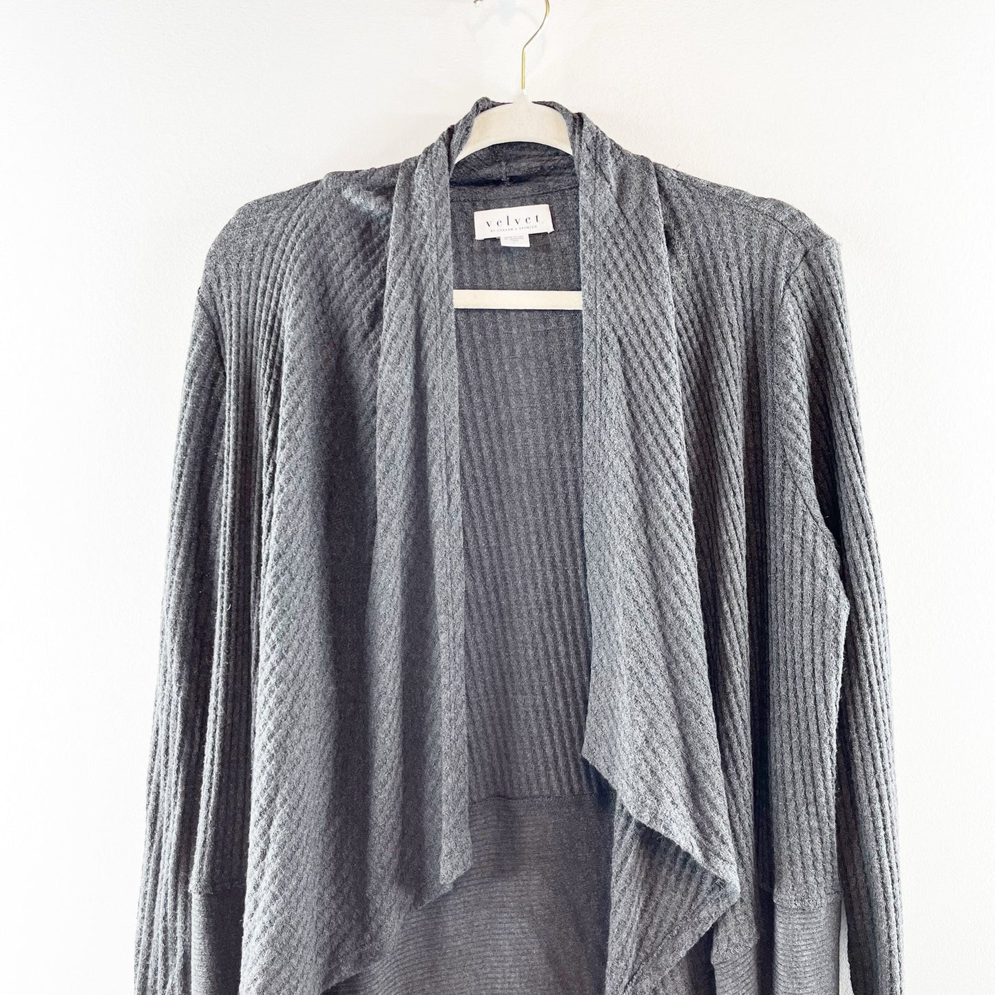 Velvet Graham & Spencer Waffle Waterfall Open Cardigan Sweater Gray Large