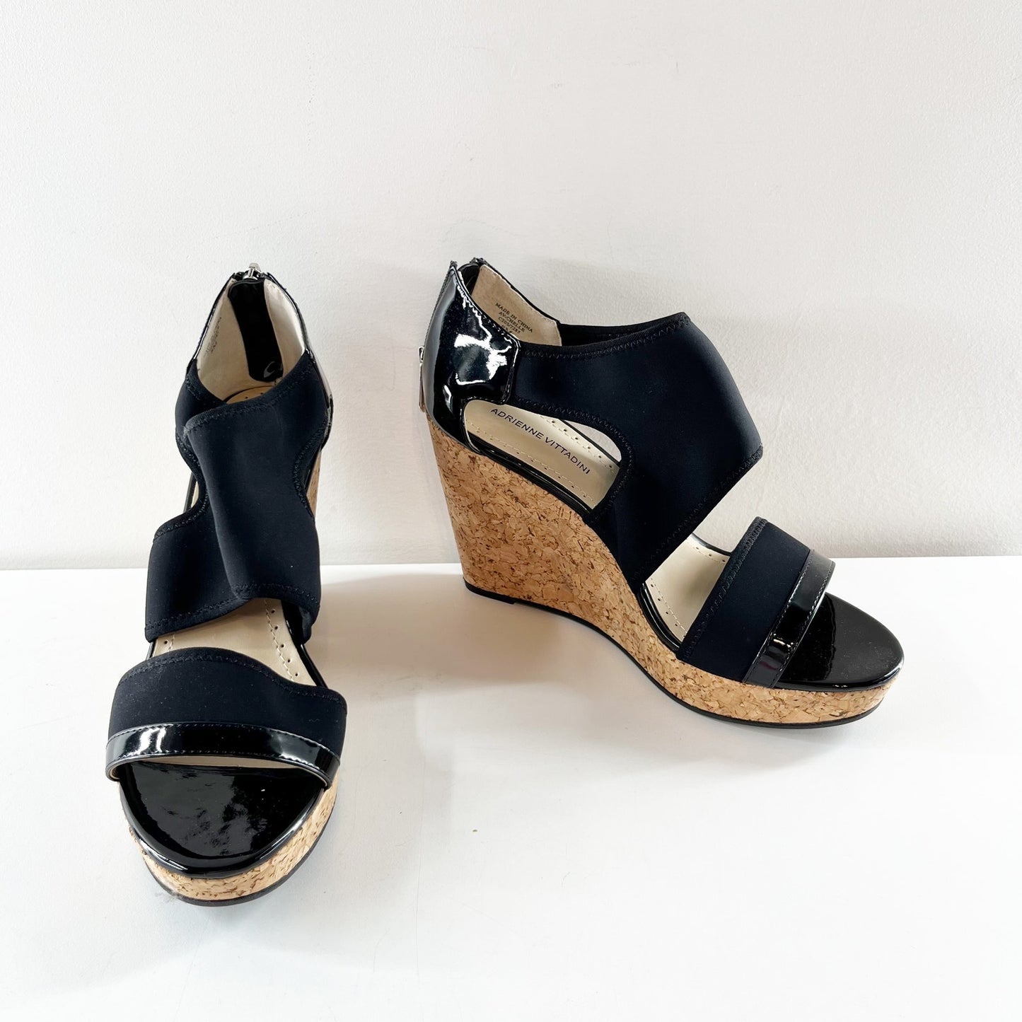 Adrienne Vittadini Chelle Patent Cork Wedge Heel Sandals Black 8