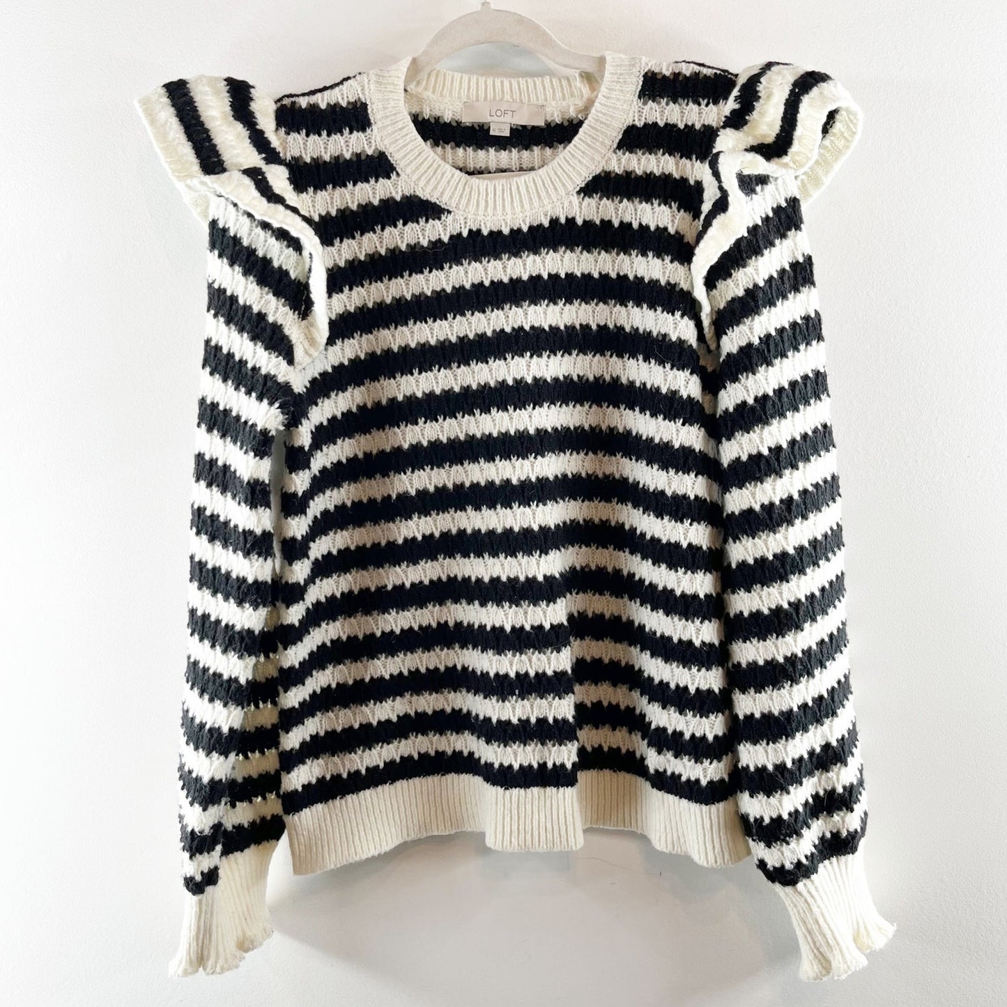 LOFT Striped Long Sleeve Pointelle Knit Ruffle Shoulder Sweater White Black XL