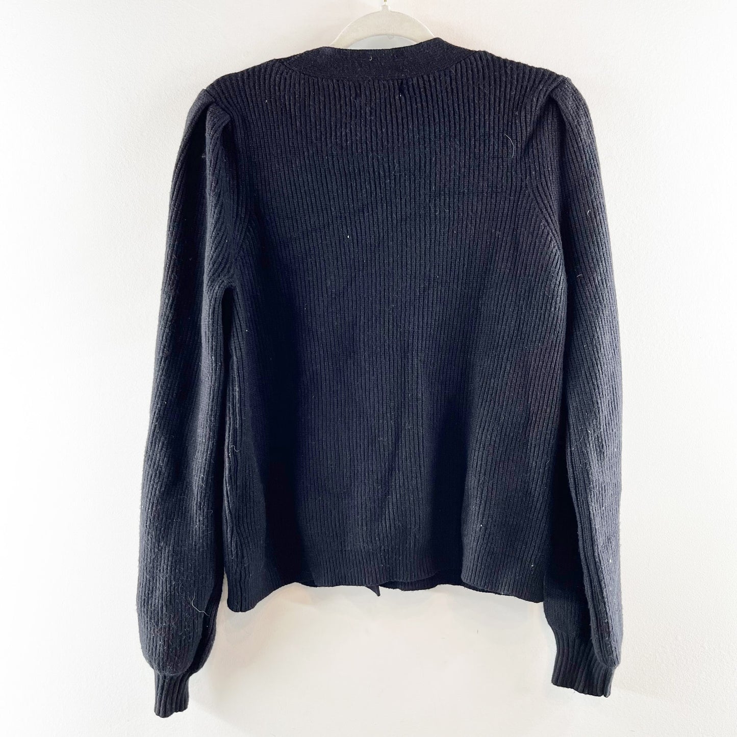 &Merci Puff Sleeve Ribbed V Neck Button Front Knit Cardigan Sweater Black Medium