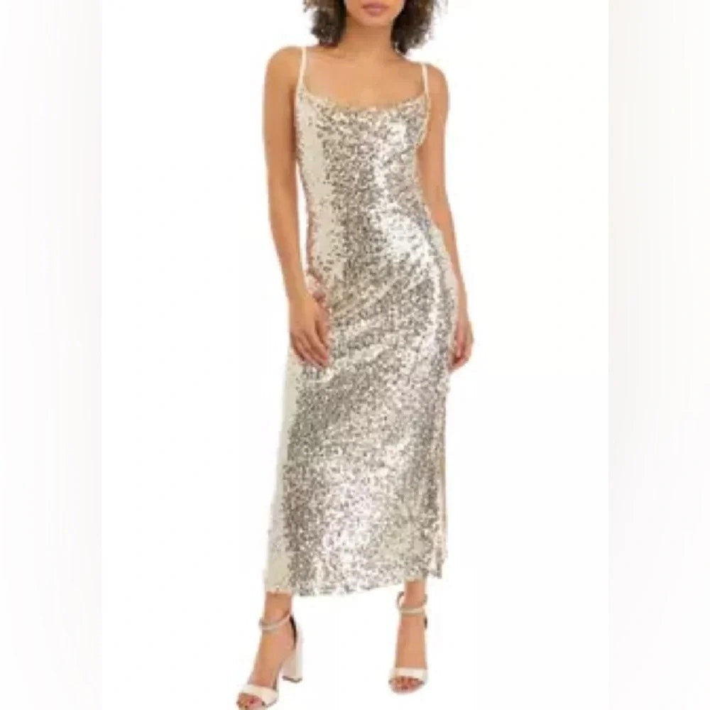 Taylor Embellished Sequin Sleeveless Cowl Neck Maxi Dress Champagne Gold 2