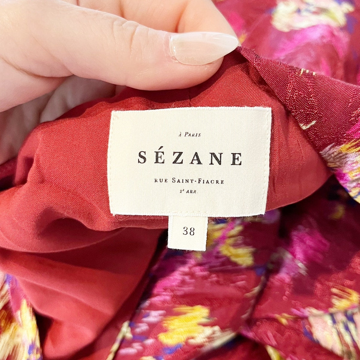 Sezane Long Sleeve V Neck Floral Wrap Midi Dress Pink Red 38 / US 6