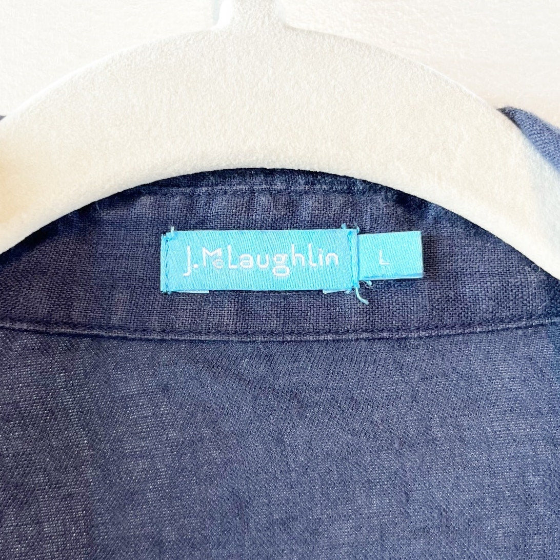 J. McLaughlin Linen Belted Midi Shirt Dress Navy Blue Large