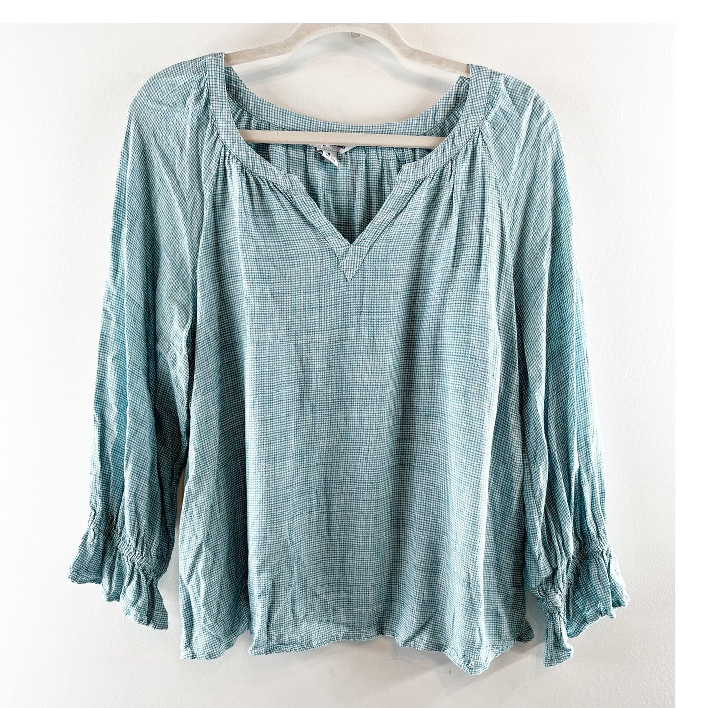 Tommy Bahama Montauk Gingham 3/4 Sleeve Blouse Top Green Large