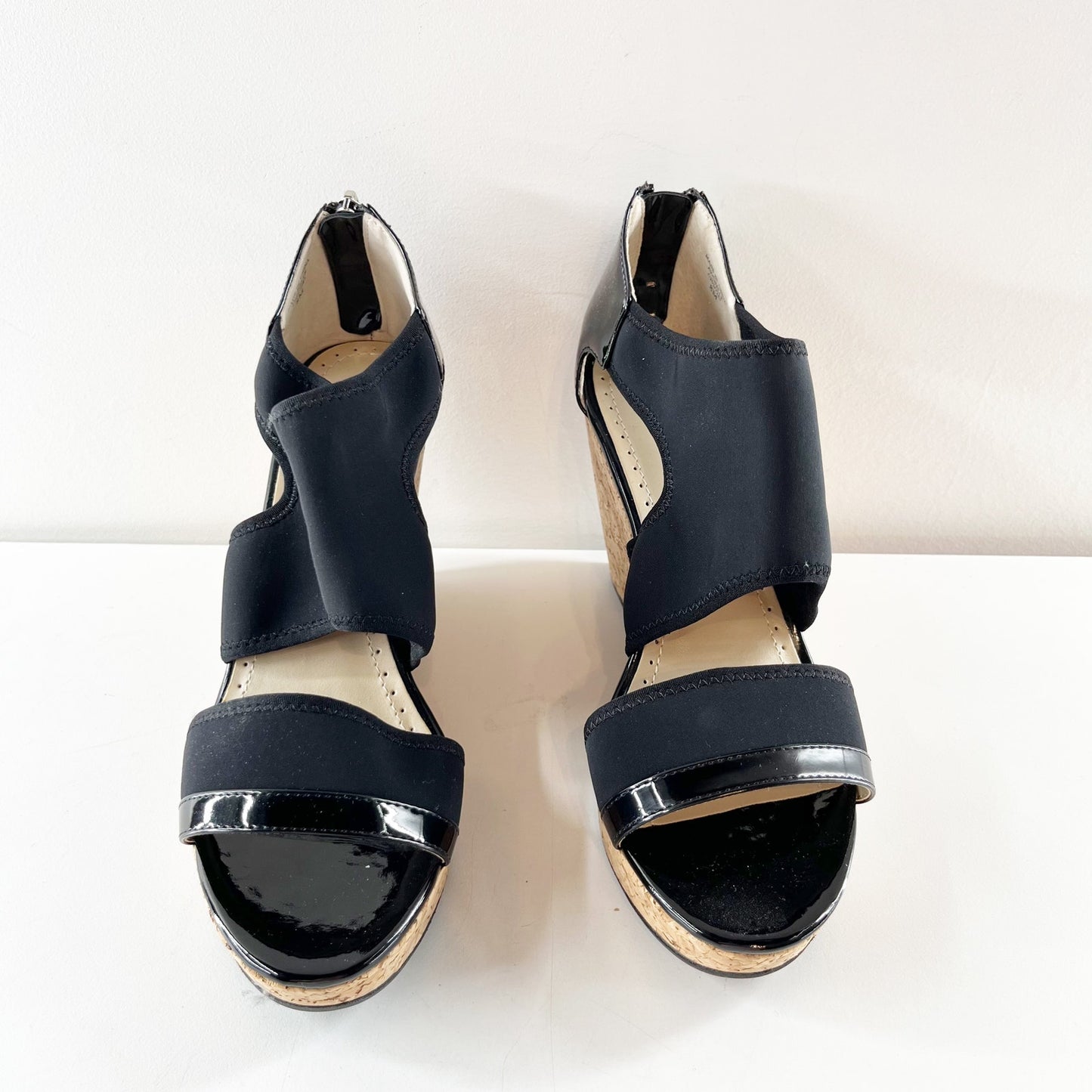 Adrienne Vittadini Chelle Patent Cork Wedge Heel Sandals Black 8