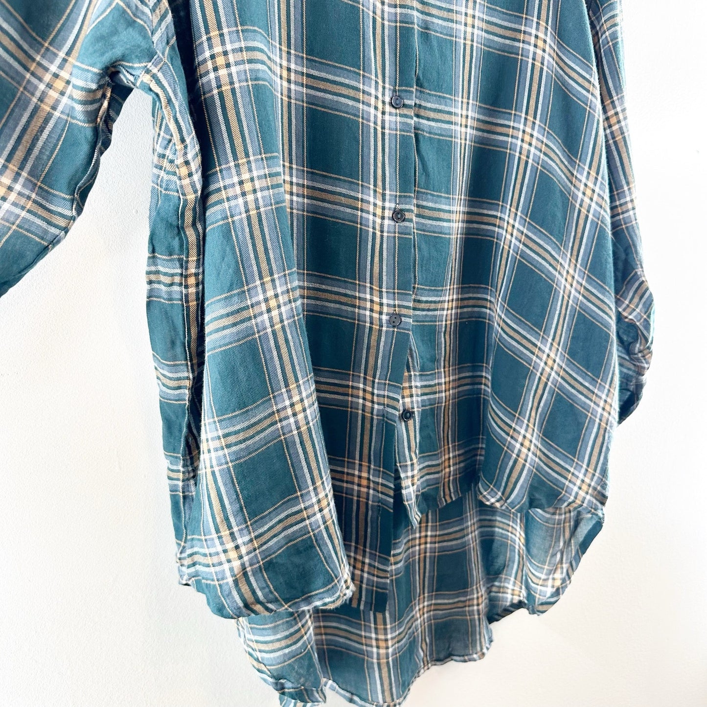 Sundry Evereve Heart Plaid Long Sleeve Hi-Low Button Down Shirt Pine Green XL