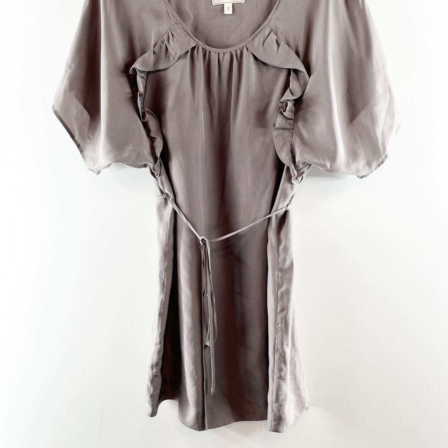 Moulinette Soeurs Short Puff Sleeve Belted Silk Mini Dress Dove Gray 6