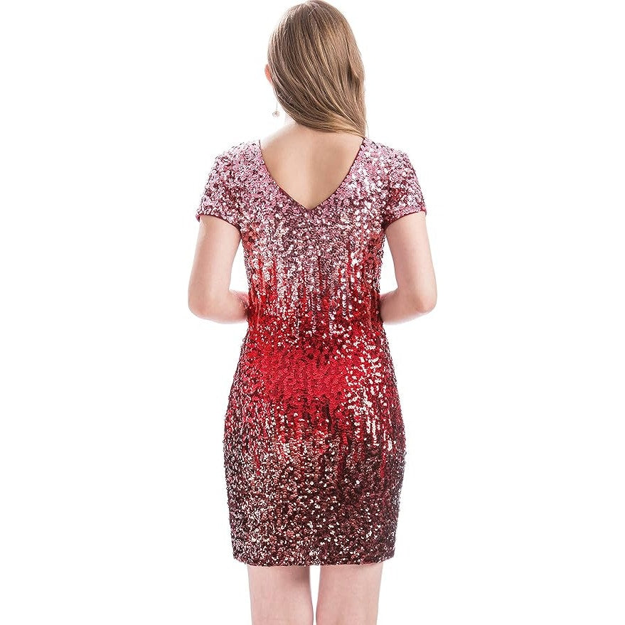 Maner Ombre Sequin Short Sleeve Bodycon Mini Dress Pink Red Black Small