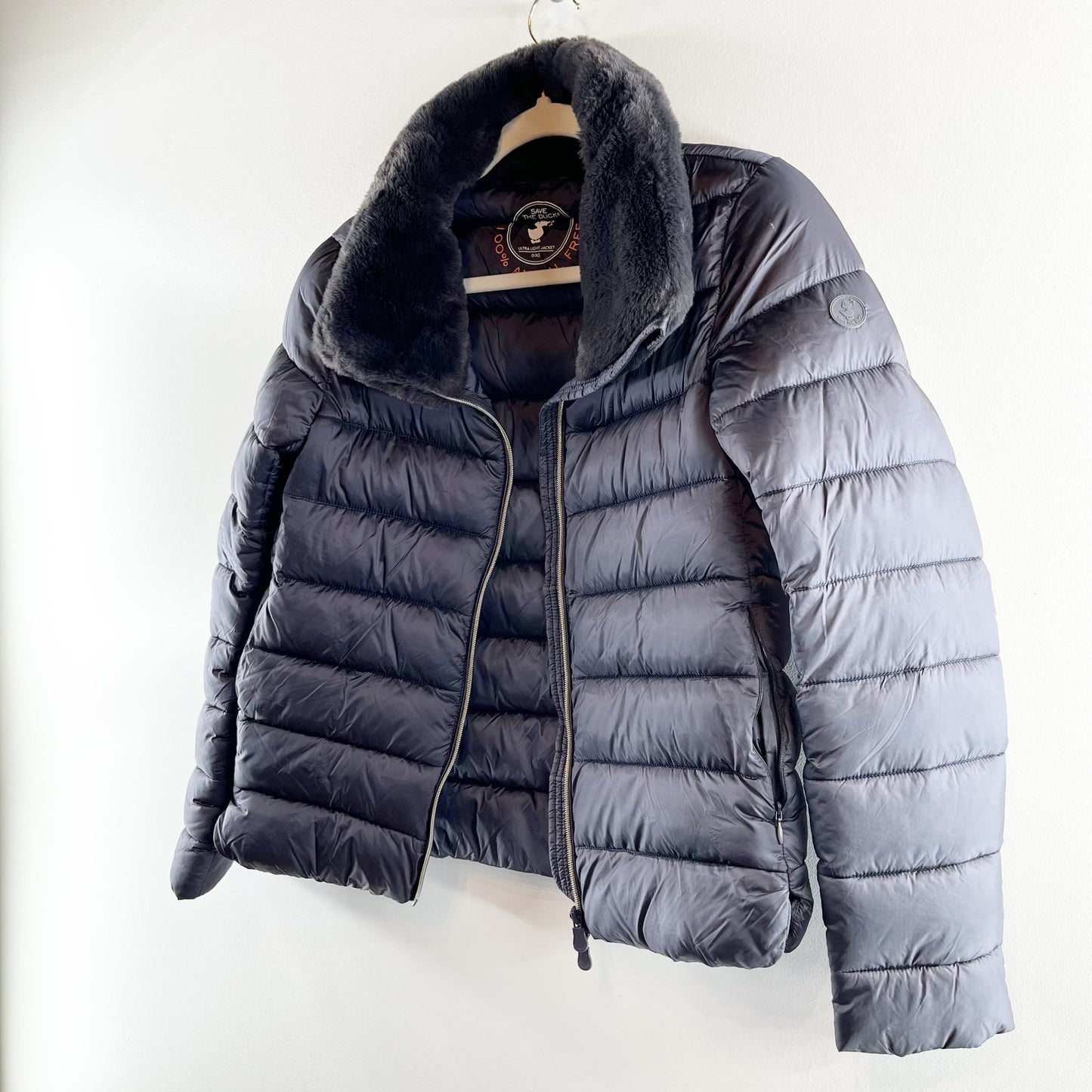 Save The Duck Mei Faux Fur Collar Puffer Coat Jacket Black XS