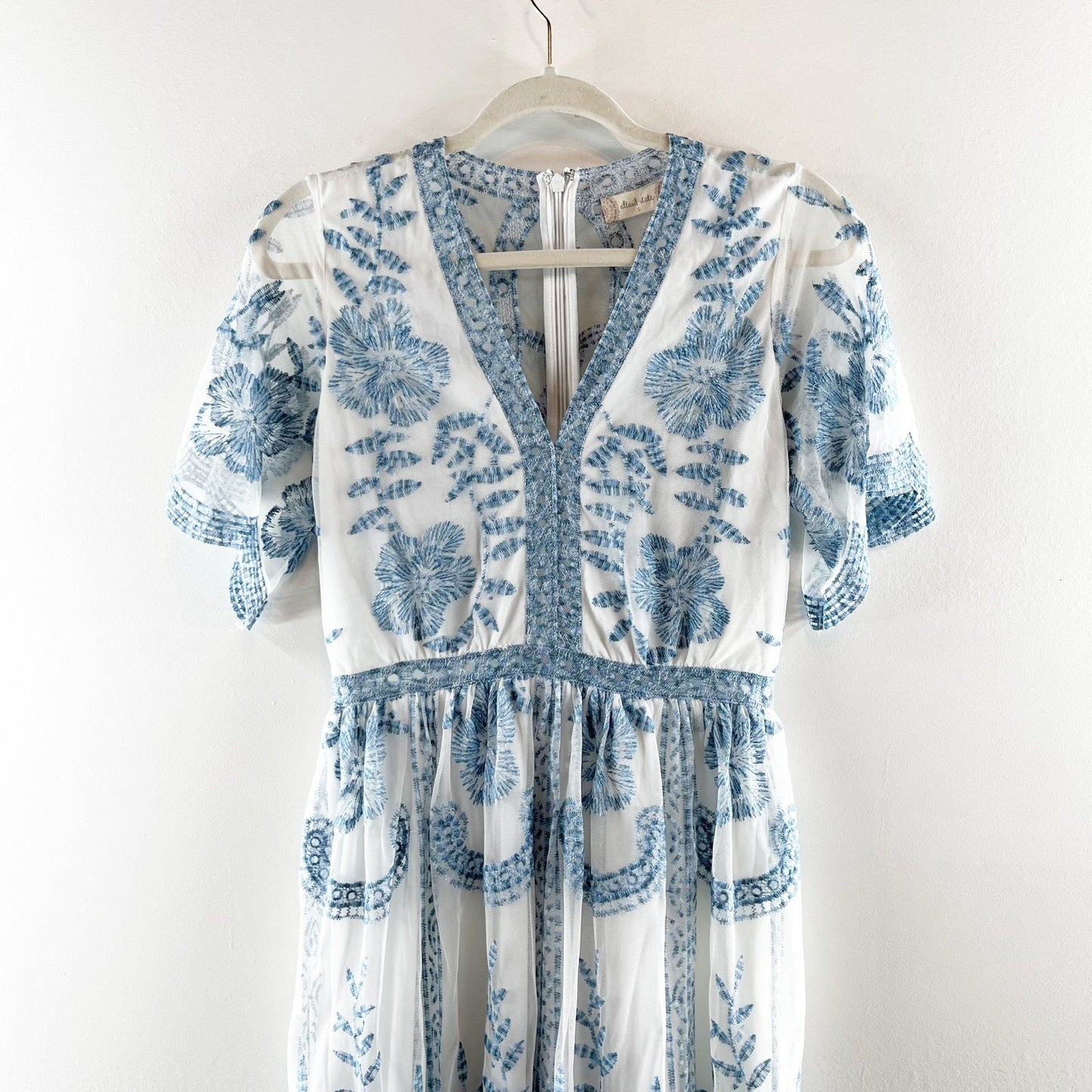 Altar'd State Short Sleeve Embroidered Sheer Boho Lace Catania Maxi Dress Blue S