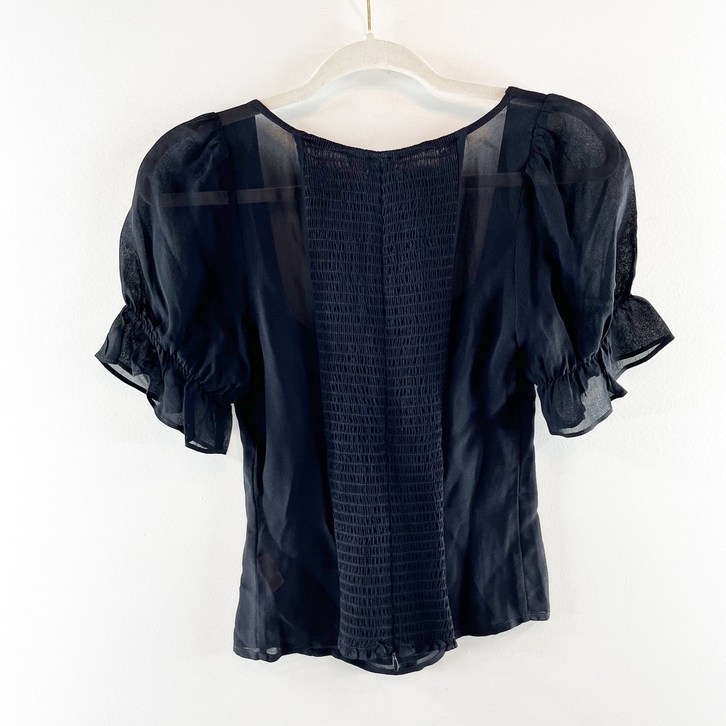 Reformation Delevan Slim Fit Puff Sleeve Lined Smocked Back Top Blouse Black 2