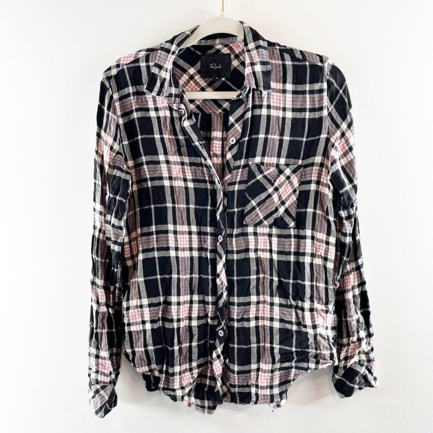 Rails Hunter Long Sleeve Plaid Flannel Button Down Shirt Onyx Rose Gold XS