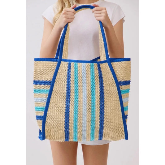 Styline Crochet Striped Beach Tote Bag Tan Blue