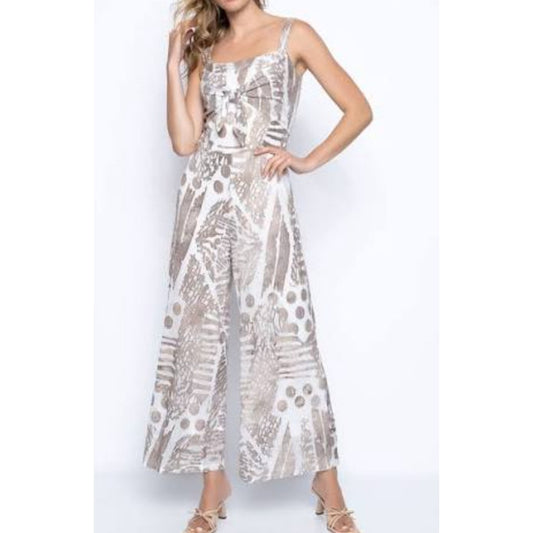 Piccadilly Sleeveless Tie Front Smocked One Piece Wide Leg Jumpsuit Taupe Medium