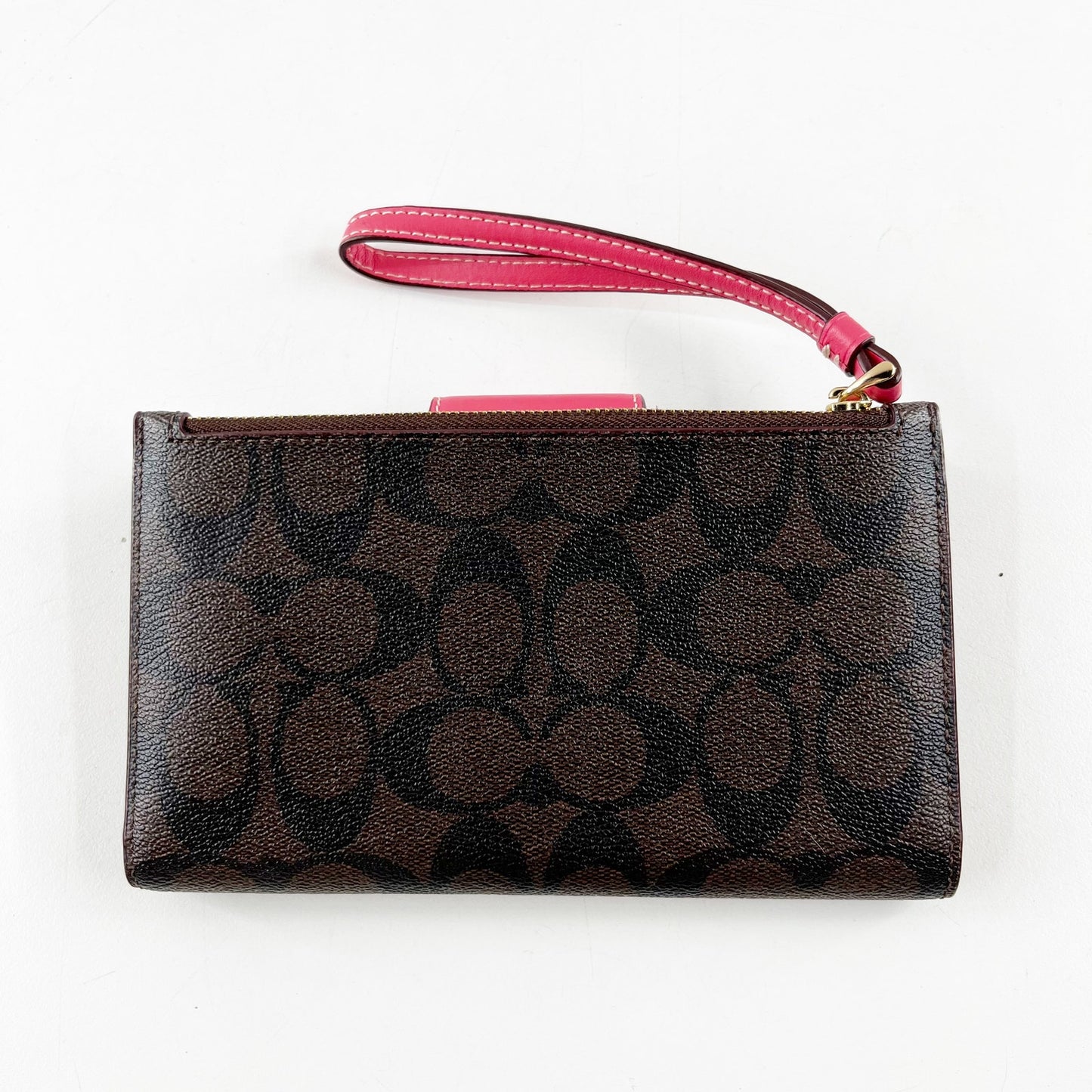 Coach Signature C Logo Canvas Tech Wallet Wristlet Brown Pink