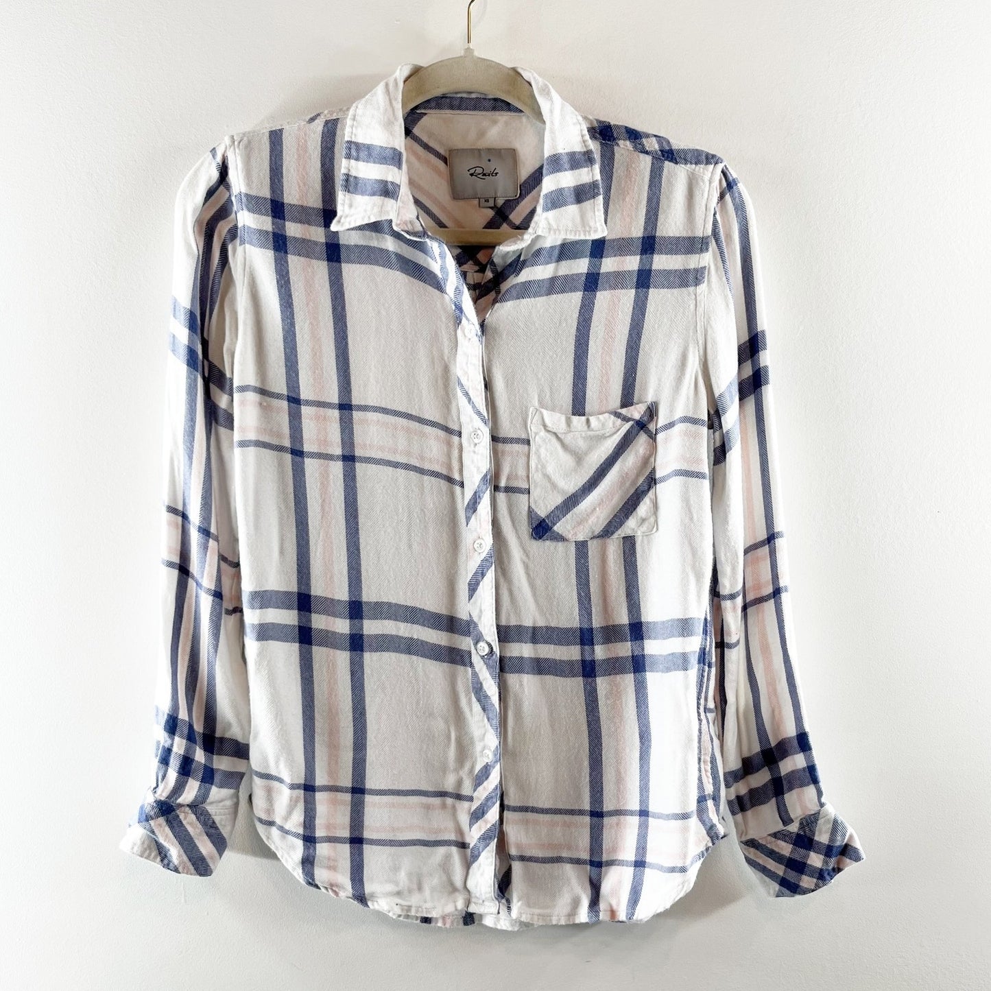 Rails Plaid Hunter Button Up Long Sleeve Top Indigo Powder Blush White Blue XS