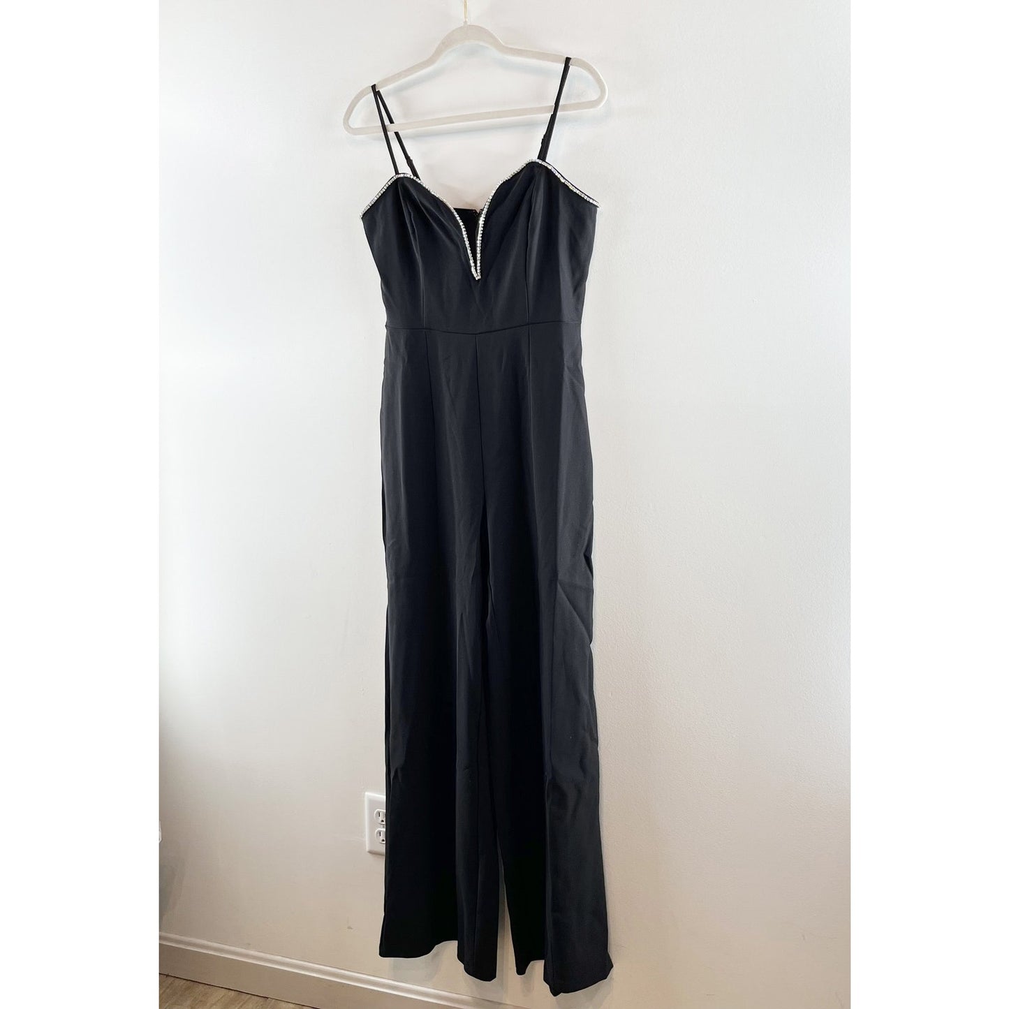 Privy Rhinestone Trim Plunge Wide Leg Jumpsuit Black Silver Large NWT