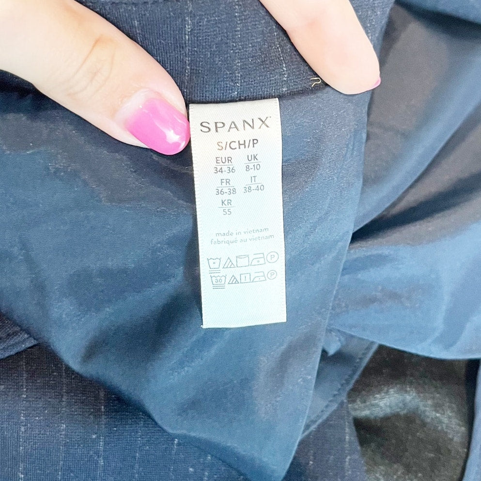 Spanx Perfect Collarless Single Button Blazer Jacket Pinstripe Navy Blue Small