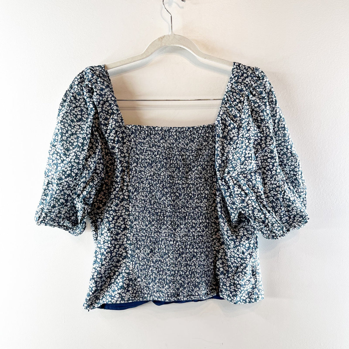 Abercrombie & Fitch Floral Puff Sleeve Smocked Square Neck Blouse Blue Large
