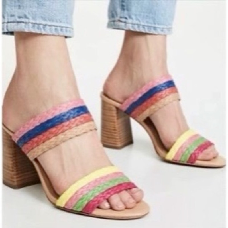 Alice + Olivia Leeda Raffia Rainbow Slip On Block Heel Sandals Rainbow 8