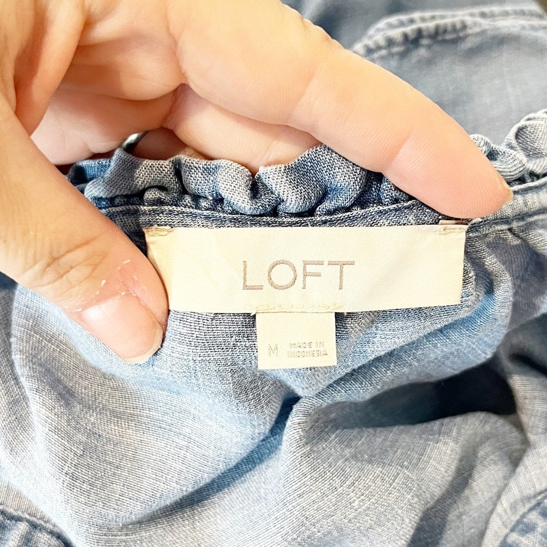 LOFT Chambray Short Ruffle Sleeve Tiered Mini Babydoll Dress Blue Medium