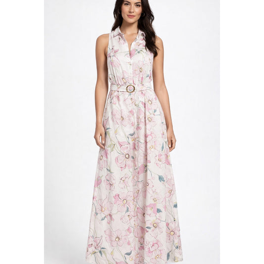 Ellie Tahari Sleeveless Button Up Maxi Shirt Dress with Belt Floral White Pink 8