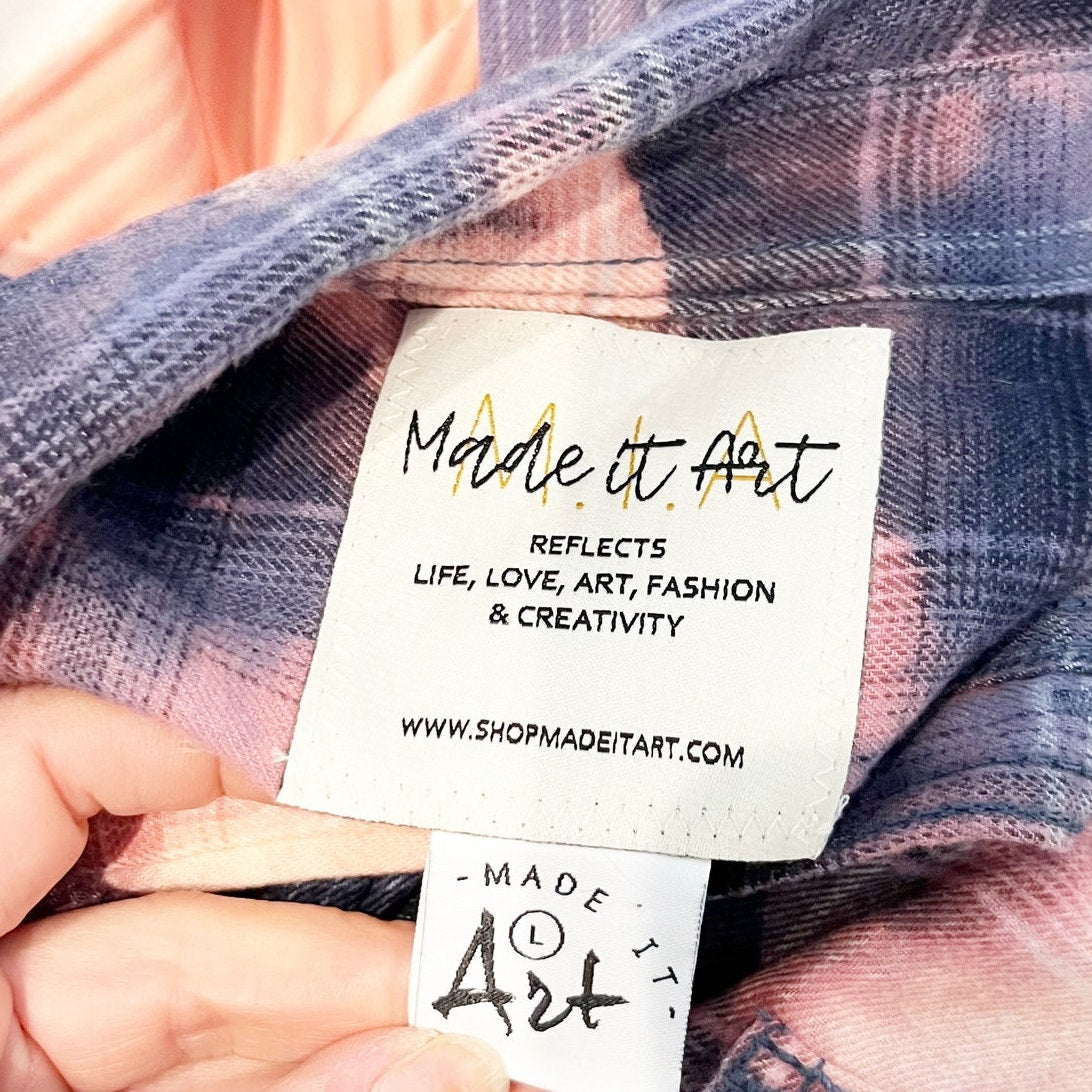 Made it Art Upcycled Plaid Tie Dye Flannel Button Up Shirt Blue Pink Large