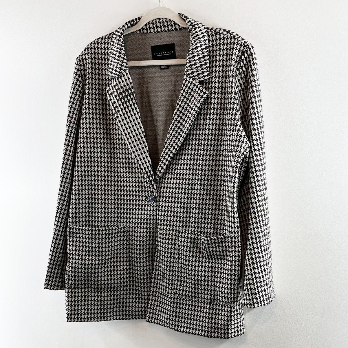 Sanctuary Longline Saddle Houndstooth Blazer Jacket Gray Black XL