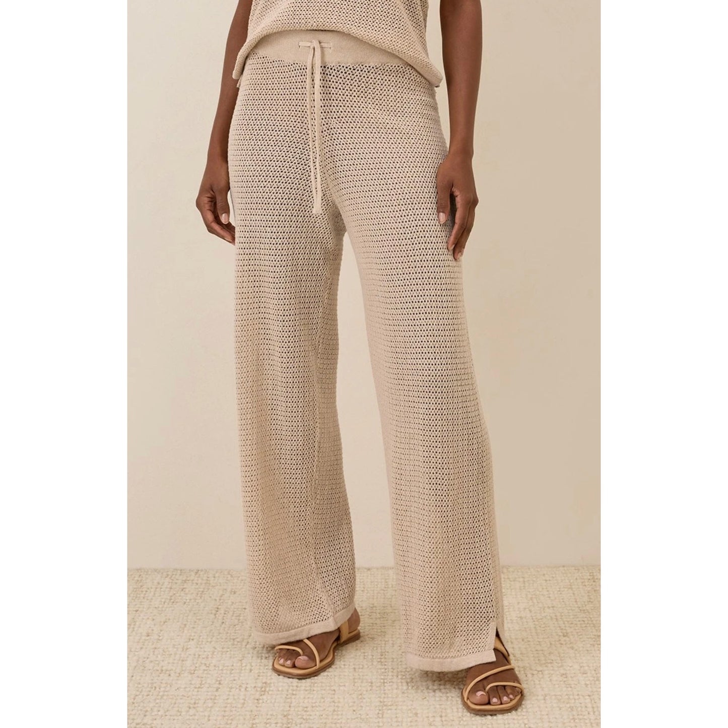 Pact Womens Sandshell Beachside Crochet Knit Beach Pants Tan Beige Small